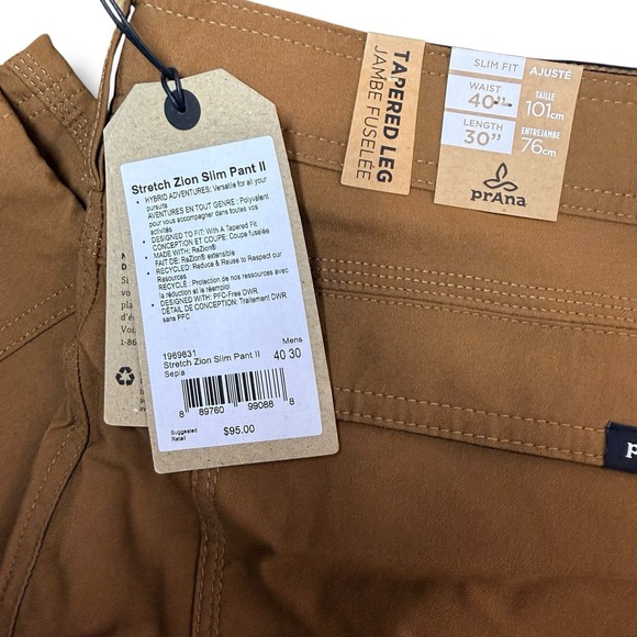 Prana Stretch Zion Pant II Slim Fit Tapered Leg Mens 40 X 30 Sepia Brown NEW - Picture 14 of 14